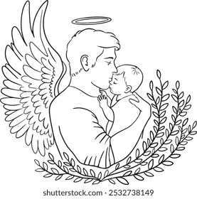 Daddy Angel with Baby, baby lost father, daddy loss,father memorial dad holding baby in his arms with a halo and angel's wings with floral elements. Line art, simple vector in the memory of father.