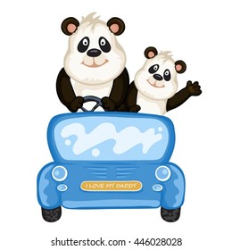 Daddy and baby panda in a blue car