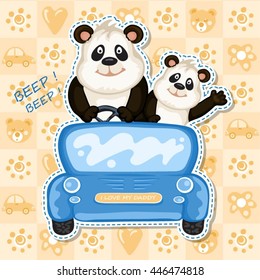 Daddy and baby panda in a blue car