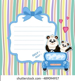 Daddy and baby panda in a blue car. Baby shower invitation