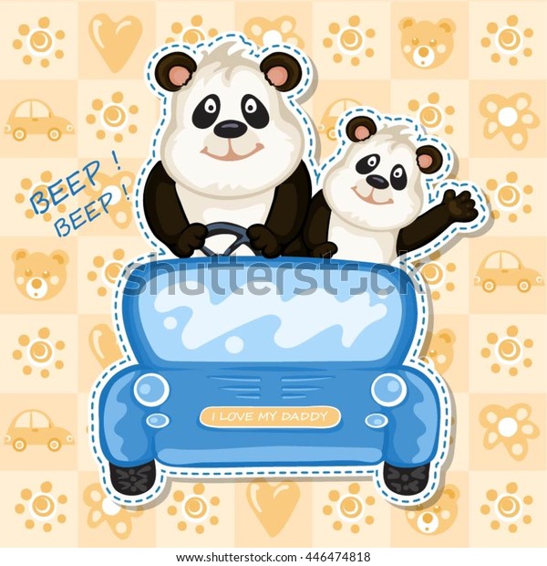 Daddy and baby panda in a\
blue car