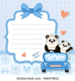 Daddy and baby panda in a blue car.Baby shower invitation