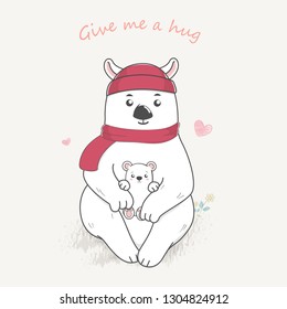 Daddy bear and little son in the embrace cartoon hand drawn vecter illustration. Use for Happy birthday invitation card, T-shirt print, baby shower.