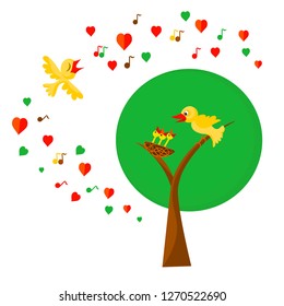 Daddy bird flies and sings with notes and hearts, mother is sitting on branch, chicks in nest. Vector color image.