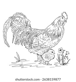 Daddy bird rooster and baby chicken in grass, farm poultry, black and white ink sketch. Vector illustration. Village birds, isolated on a white background. For kitchen decoration, textiles, packaging