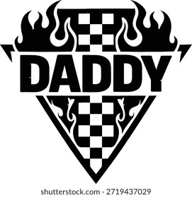Daddy Bold Racing Emblem Typografie mit Flammen und kariertes Muster