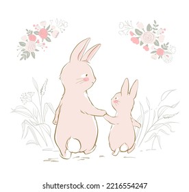 Papi conejito y conejito caminando juntos. Vista trasera de una linda familia de conejos beige. Se puede usar para imprimir camisetas, ropa de bebé, diseño de moda, tarjetas de invitación a la ducha de bebé.