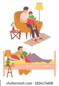 Papi cuidando del vector infantil, padre leyendo libros por la noche, hijo hombre educando sentado en sillón, niño con publicación, niño en cama ponedora