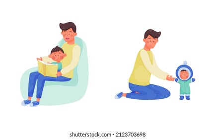 Daddy caring for his baby set. Father dressing his toddler baby for walk and reading book vector illustration