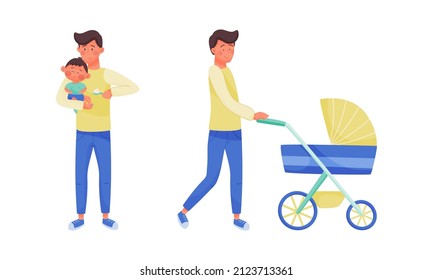 Daddy caring for his baby set. Father walking with pram and hugging his toddler baby vector illustration