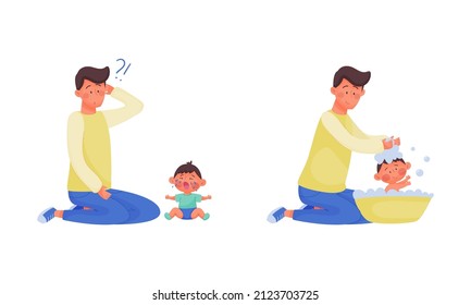 Daddy caring for his little son set. Father soothing and playing with the baby vector illustration