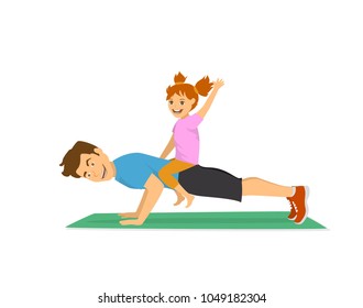 daddy and child having fun training together, happy cheerful father doing push ups sport workout exercise with cute daughter sitting on his back humor isolated vector illustration scene