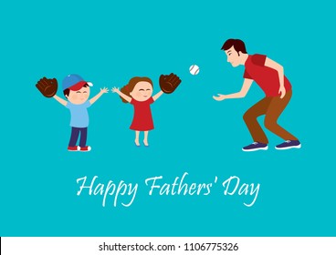 Daddy with children vector illustration. Happy Father's Day vector. Fathers Day illustration. Father with son and daughter. Father and children cartoon character. Kids playing baseball with dad