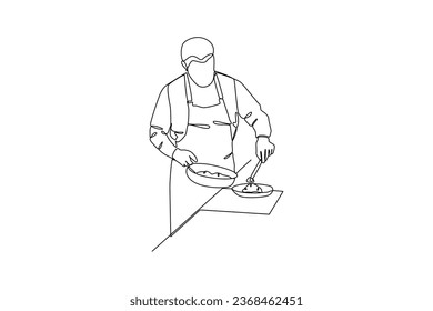 Daddy cooking. Collection of cartoon man and woman preparing food. Cooking illustration in black and white background. Cartoon character flat vector illustration.