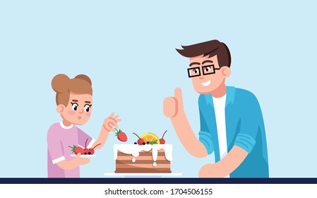 Dibujo vectorial de color RGB semiplano con diseño de papi e hija. Miembros de la familia cocinan postre juntos, pasteles para padres y niños aislados personajes de caricatura de fondo azul