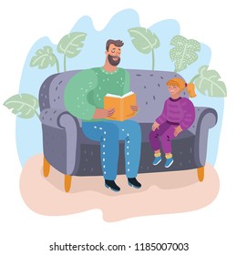 Daddy and daughter sitting on the couch. Father reading a book to his little girl. They sitting on sofa. Child's education. Vector cartoon illustration in modern concept