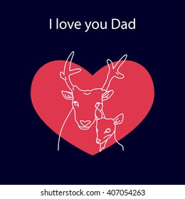 Daddy deer and baby deer with heart. Happy Father's day background. Vector card