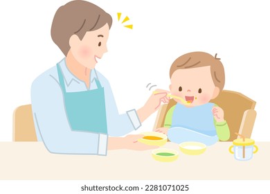 Daddy feeding baby food and baby eating with smile