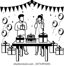 Daddy Holding Gift for Wife vector icon design, special anniversary events card, Cheers to another year banner, indoor Party People scene illustration, Boy Surprising the Mom on Her Birthday concept