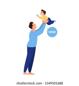 Daddy Holding Little Baby. Happy Man Playing With His Baby Lifting Him Up. Parent Spend Time With Newborn Together. Isolated Vector Illustration In Cartoon Style