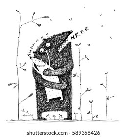 Daddy with a kid parenting singing song. Lovely father monster character hugging a sweet creature child, feeling love. Vector illustration