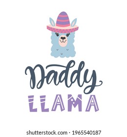 Daddy llama quote, hand written brush lettering inscription in a blue heart shape. Father's Day. Cute typography design template for poster, sticker, gift card, t shirt. Vector illustration