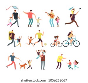 Daddy playing with happy children. Fatherhood and fathers day related people cartoon characters vector isolated. Daddy father with child, family happy, parent and daughter illustration