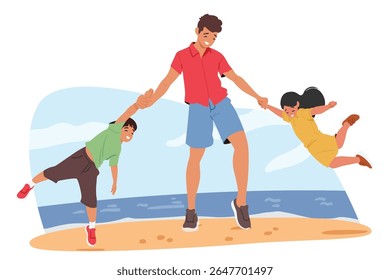 Papai brincando com crianças adoráveis na praia de areia durante as férias de verão cena do desenho animado. Atividade de parentalidade feliz, vínculo familiar e dia do pai lazer divertimento vetorial ilustração