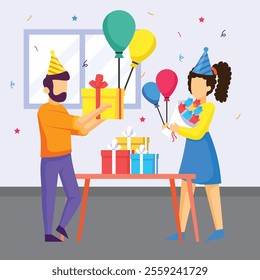 Daddy Presenting the Gift to Daughter concept, girl holding bouquet and balloons vector design, special anniversary events card, Cheers to another year banner, indoor Party People scene illustration