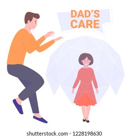 Daddy protector, a hero for his daughter. Do not give the girl a grudge. On guard of stress and resentment, ready to help. Vector illustration.