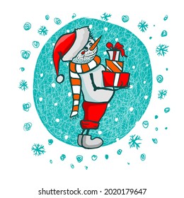 Daddy snowman with gifts. T-shirt prints. Family look. Christmas card . Vector illustration