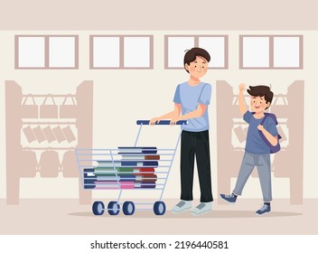 daddy and son buying supplies characters