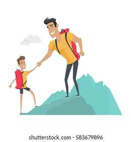 Daddy and son go camping. Sport activities in the mountains. Role model, greatest mentor. Part of series of fathers day celebration banners. Honoring dads. Fatherhood concept, paternal bonds. Vector