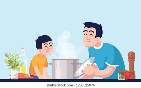 Daddy and son inhaling meal aroma semi flat RGB color vector illustration. Male parent and kid with saucepan, people with fragrant dish isolated cartoon characters on blue background