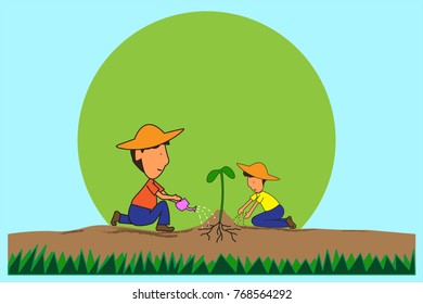Daddy and son is sitting a tree planting fertilizer and empty space for text. Background development for learning concepts. Flat cartoon and section view.  -Vector illustration eps 10