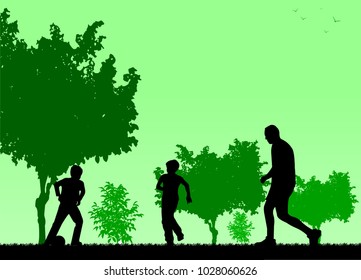 Daddy and sons playing football in park, one in the series of similar images silhouette