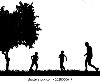 Daddy and sons playing football in park, one in the series of similar images silhouette