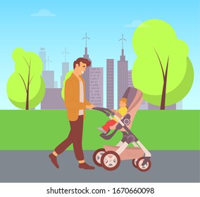 Daddy spending time with child vector, city walk, father and offspring sitting in perambulator walking in city park, town buildings with park and greenery trees, parenting and care
