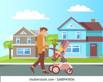Daddy spending time with child vector, city walk, father and offspring sitting in perambulator walking in city park, town buildings with park and greenery trees, parenting and care