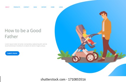 Daddy spending time with child vector, city walk, father and offspring sitting in perambulator walking in city park, concept for Father day, parenting and care