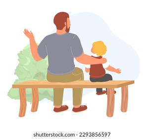 Daddy spending time with little boy son sitting on bench in park view from back. Happy parent and child vector illustration. Fathers day and nice conversation concept