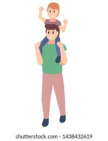 Daddy standing carrying son on shoulders. Smiling dad caring child. Parent and kid isolated on white background. Happy Father's day cartoon illustration. Flat vector for greeting postcard