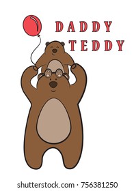 daddy teddy,father-bear and a small bear cub, fathers and children,child with a balloon, reeting card to parent, vector image,outline style,colorful characters