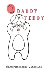 daddy teddy,father-bear and a small bear cub, fathers and children,child with a balloon, reeting card to parent, vector image,outline style,black and white characters