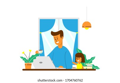 A Daddy working at home and play with his daughter. A man working from home with laptop and drink a cup of coffee or tea with a comfortable interior design, Flat Design Cartoon Vector
