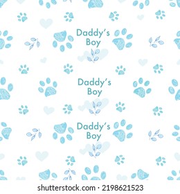 El texto del niño de papá con huellas de pata blancas y azules y el patrón de tela sin fisuras del corazón