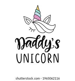 Daddy's Unicorn funny quote, hand written brush lettering inscription in a blue heart shape. Father's Day. Cute typography design template for poster, sticker, gift card, t shirt. Vector illustration