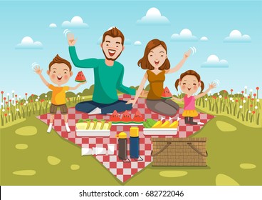  Papá, mamá, hijo, hija descansan en la naturaleza del verano. Siéntate en un prado verde con campo de flores y cielo brillante. Sonriente, ondeando, en movimiento, feliz familia en un viaje de vacaciones de picnic. Ilustración vectorial.