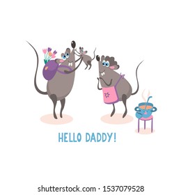 Dad's coming home vector. Happy family concept. Cute mice family. Hello daddy quote.