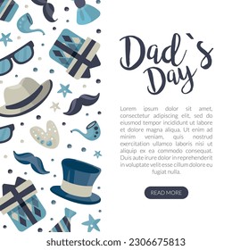 Plantilla de la página de inicio del día de las dads. Banner web del Día del Padre Feliz con sombrero, bigote, corbata, lentes patrón sin fisuras y espacio para el vector de dibujos animados de texto